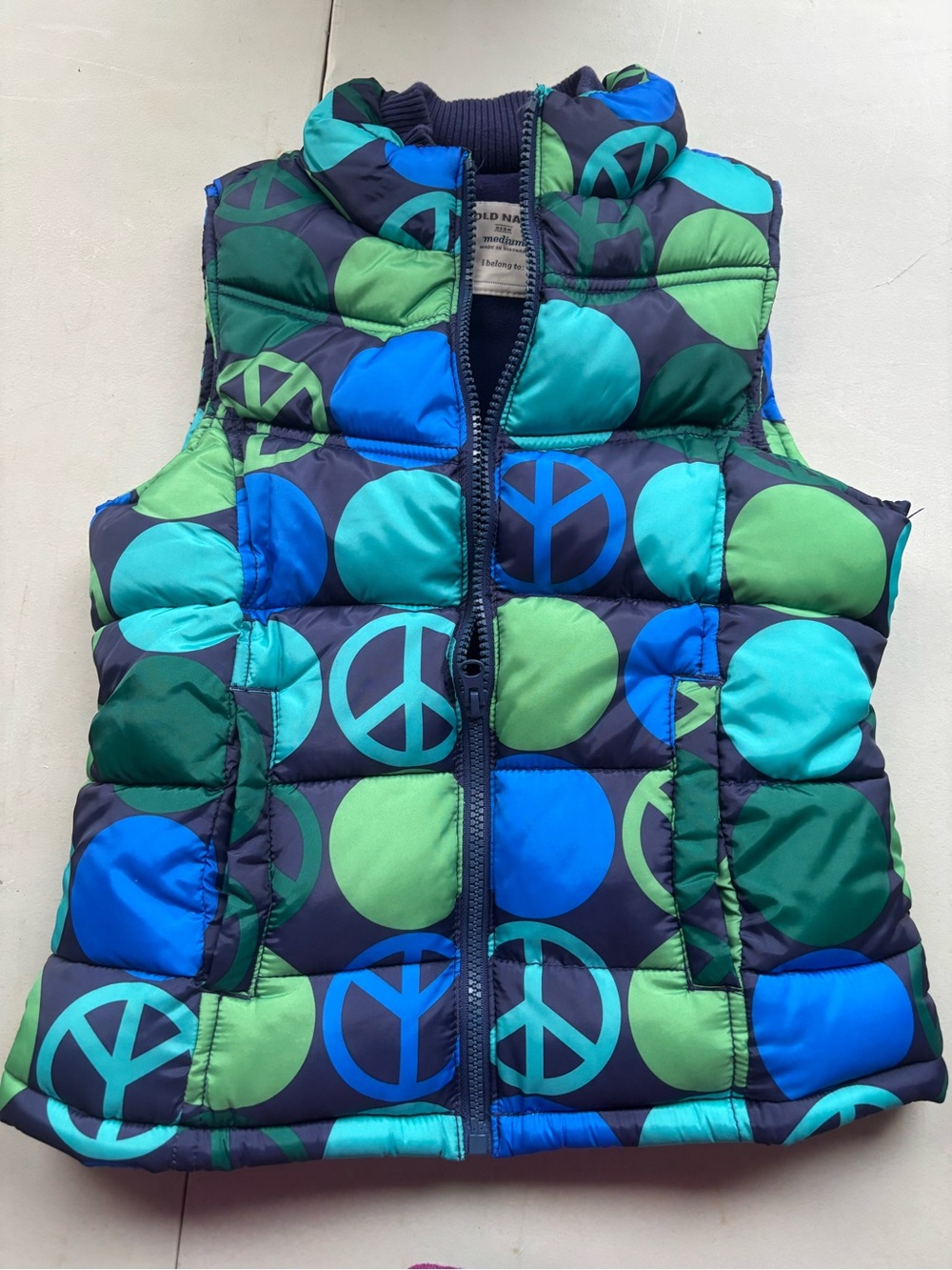Old Navy Blue & Green Peace Sign Puffer Vest